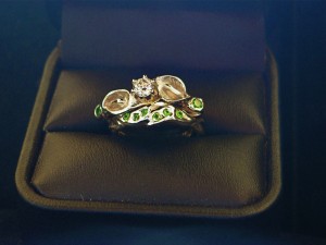 14K Gold Lily Rings with green Garnets